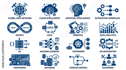 20 AI, tech icons, automation symbols, data analysis graphics