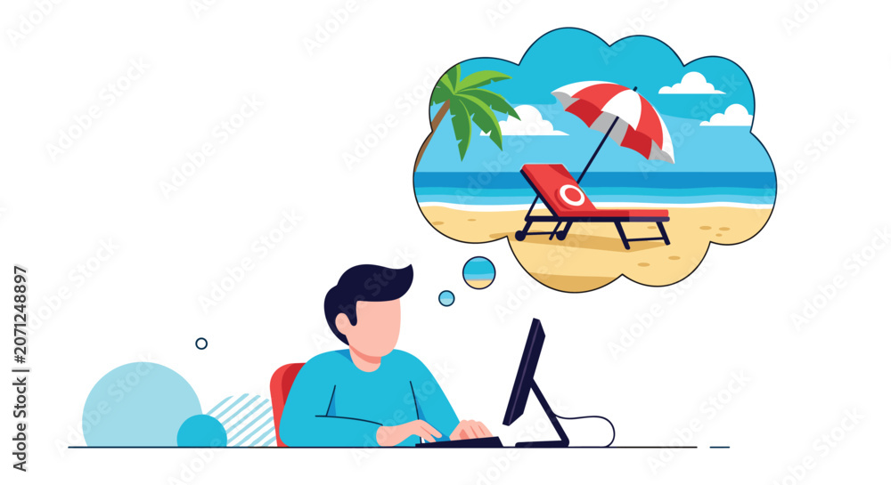 Obraz premium Office worker at a desk dreams of a tropical beach holiday while working on his computer, depicted in a flat design style.