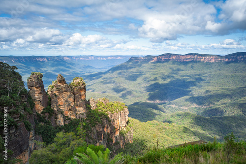Three Sisters rock formation. View from Echo Point in the Blue Mountains National Park, Katoomba city, New South Wales in Australia.