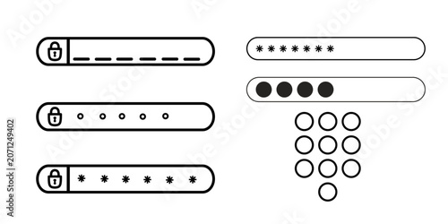 Minimalist web design assets showing secure login input fields, password asterisks, and a circular numeric keypad.