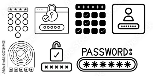 Cybersecurity interface icons collection featuring password fields, locked screens, security PIN pad, and data privacy symbols.