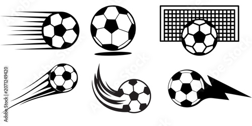 Set of soccer football icons with motion speed lines, lightning elements, and goal net isolated on white background.