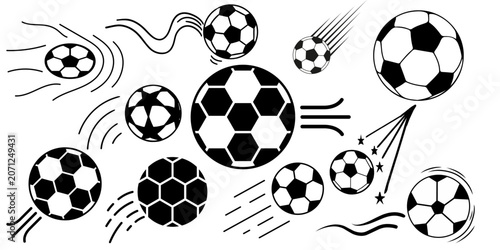 Dynamic pattern of multiple flying and bouncing soccer footballs with wind and motion trails vector illustration.