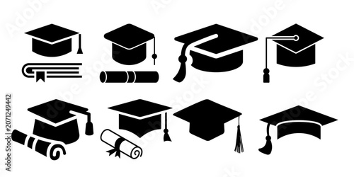 Collection of black academic graduation cap icons and diploma scroll vectors representing education success.