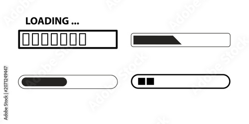 Collection of black and white progress loading bar icons and system download indicators isolated on a white background.