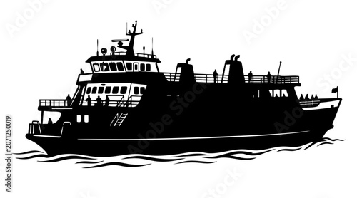 Simple black silhouette vector illustration of a large passenger ferry boat sailing across the water on a white background design