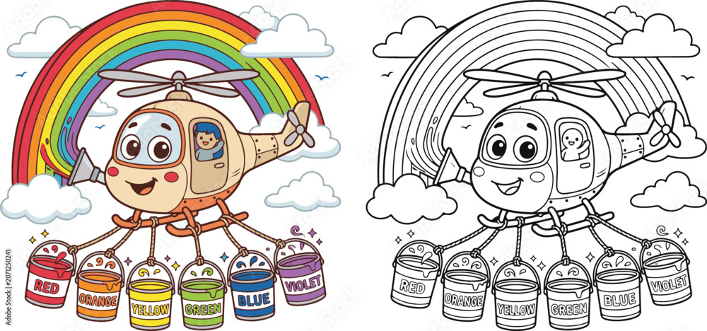 Naklejka premium helicopter collecting rainbow flying in sky cloud cartoon clipart and lineart print vector illustration for color coloring book
