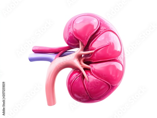 Human kidney anatomy, 3D illustration, isolated on white background