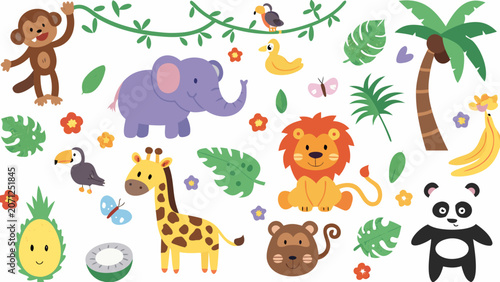 Photography Cartoon safari animal and tropical leaf illustration with vibrant colors on a wh