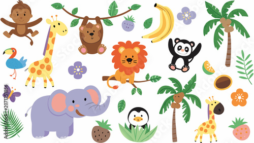 Canvas Print Cartoon safari animals and tropical plants a colorful vector illustration on a w