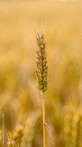 Single wheat ear closeup in golden field, agriculture harvest season, organic farming, cereal crop growth, sunlit summer agricultural backdrop