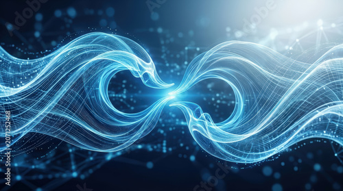 Waves merging fluid motion with glowing blue light lines creating dynamic energy flow in digital abstract background