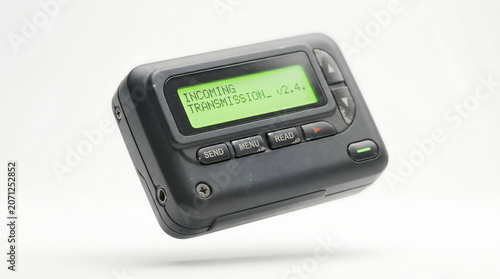 Vintage black digital pager device with green backlit display screen