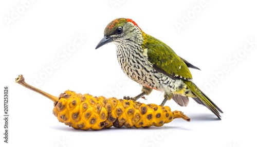 A vibrant bird with green and brown feathers perches on a dried, yellow fruit against a white background