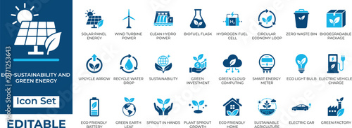 eco-sustainability and green energy flat vector icon set. Features solar, wind, EV, and recycling symbols for environmental designs.