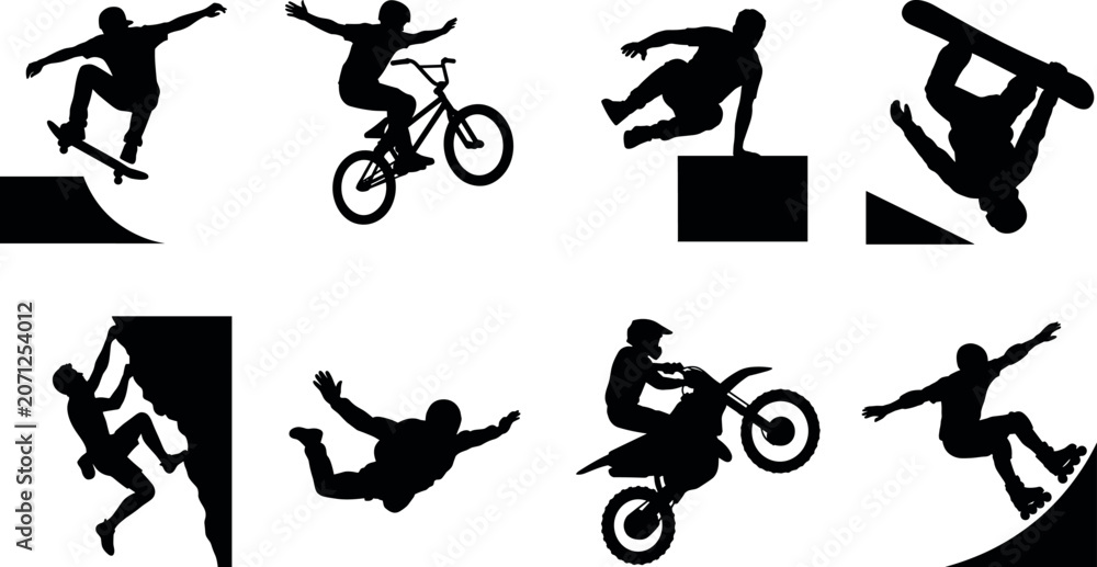 Naklejka premium Extreme Sports Silhouette Collection Featuring Skateboarding, BMX, Snowboarding, Climbing and Skydiving