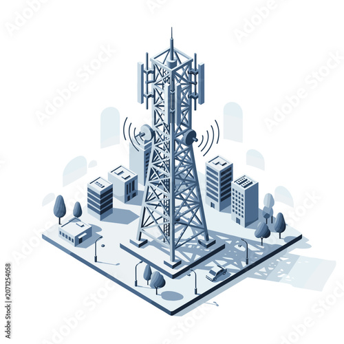 Isometric 5G Cellular Tower in Urban Setting