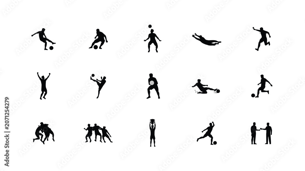 Obraz premium Football player action poses silhouette collection, soccer players kicking and running.