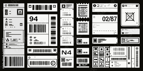Shipping label elements collection monochromatic vector illustration with barcodes and warning symbols barcode labels packaging
