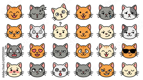 Cartoon Cat Faces Various Emotions.