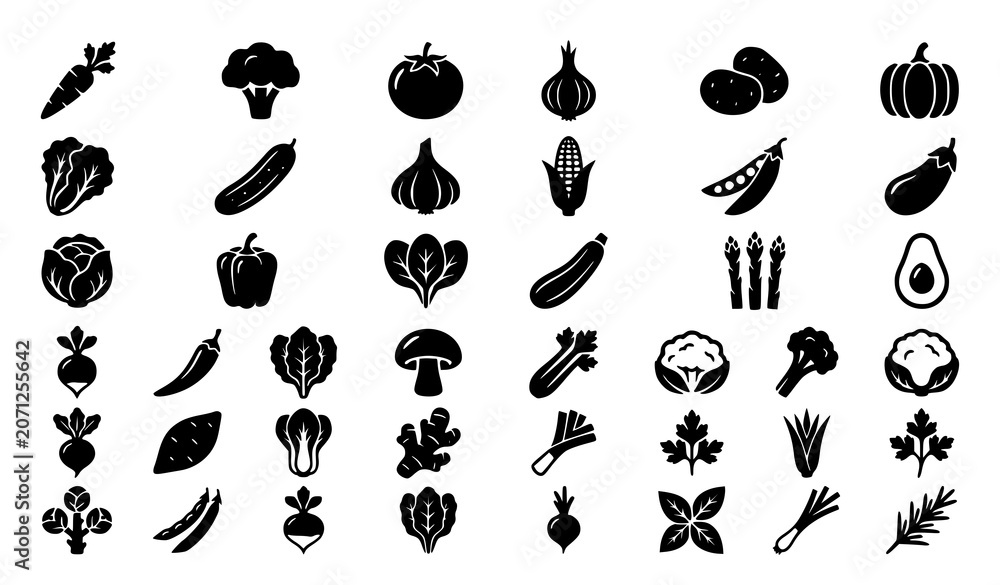 Obraz premium Professional Solid Vegetable Icon Bundle with Fresh Farm Produce and Healthy Food Vector Symbols