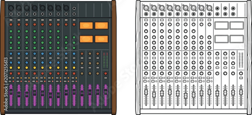Photos Vintage analog audio mixer console color and line art versions for music product