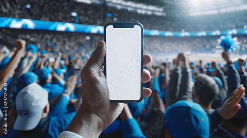Person holding smartphone in stadium.