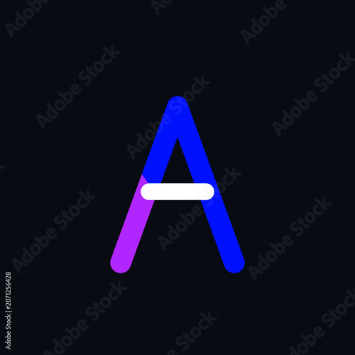 A futuristic blue and purple cyber monogram letter A with a white bar graphic illustration