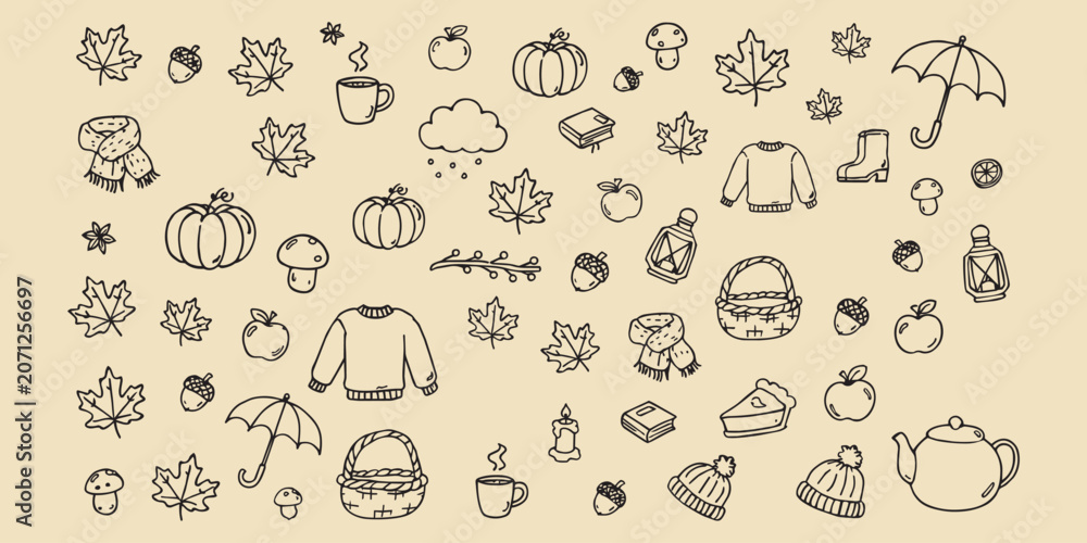 Obraz premium Autumn doodle elements vector set with leaves, pumpkins, mushrooms and cozy seasonal icons
