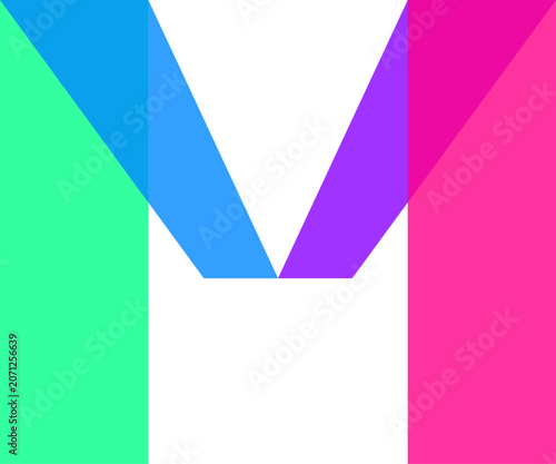 Abstract colorful geometric letter M logo design with folded translucent ribbon layers on white illustration