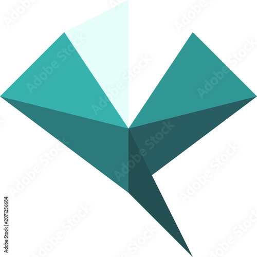 A minimalist geometric origami crane in shades of teal and mint green for creative illustration