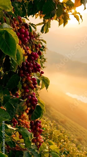 Ripe coffee cherries growing on lush plantation branches in golden morning light, representing sustainable farming, tropical agriculture and premium coffee production.
