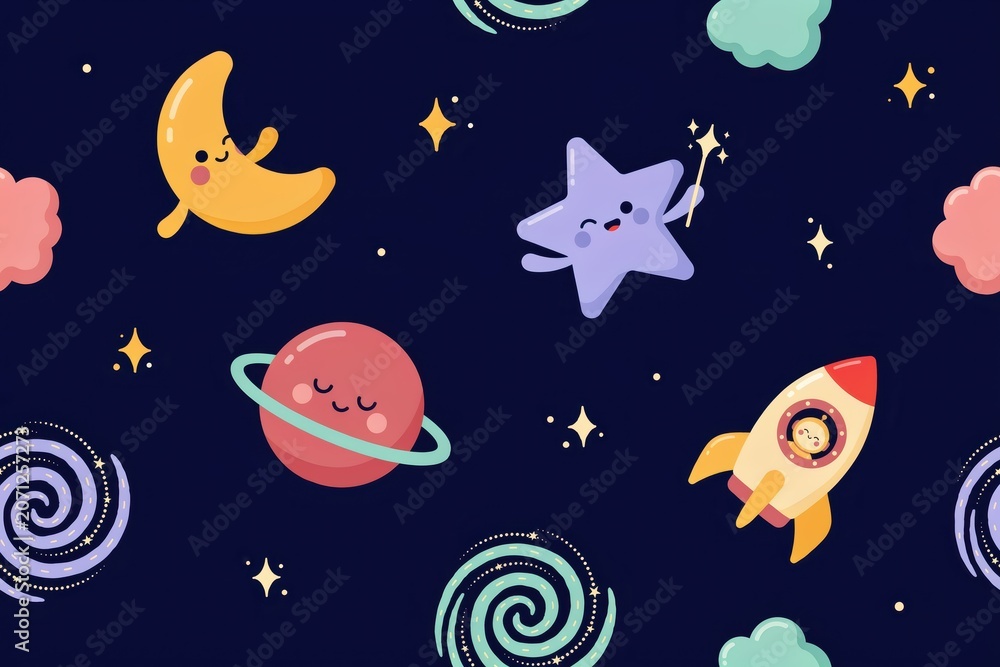 Naklejka premium Seamless pattern featuring cute cartoon space like a smiling crescent moon, a happy star with a wand, a planet, and a small rocket ship