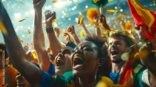 People cheering with raised arms excitedly.