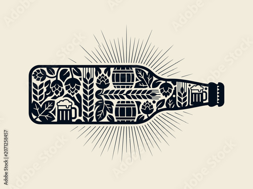 фотографія Minimalist Craft Beer Bottle Silhouette Vector with Hops, Wheat, and Barrels for