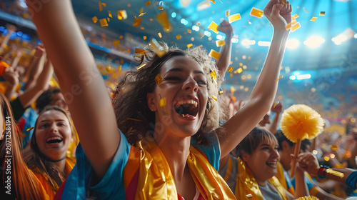 Woman celebrating with arms raised high.
