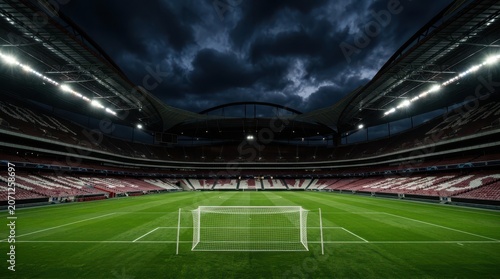Empty professional soccer stadium under a dramatic dark cloudy evening storm sky