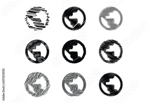 Globe map and planet earth scribble icon collection with hand drawn texture