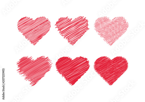 Red heart scribble icon collection with hand drawn love sketch texture