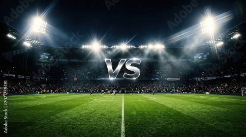 A Dramatic Night Football Match Featuring A Large Versus Graphic On Pitch