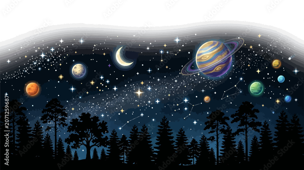 Fototapeta premium Night sky with planets stars and moon above forest landscape