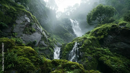 Sunlight Through Tropical Rainforest Waterfall

