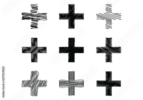 Plus sign and cross mark scribble icon collection with hand drawn texture