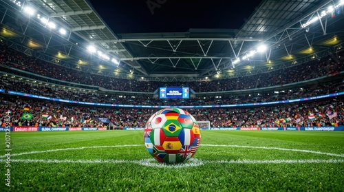 A World Championship Soccer Ball Resting On The Pitch Of A Stadium