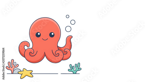 Foto Cute cartoon octopus holding up peace sign with colorful fish and starfish