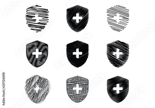 Medical shield and safety care scribble icon collection with hand drawn texture
