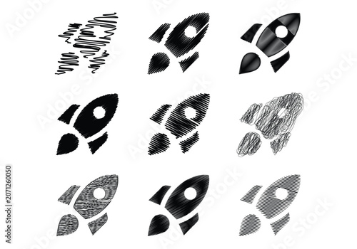 Rocket spaceship scribble icon collection with hand drawn sketch texture