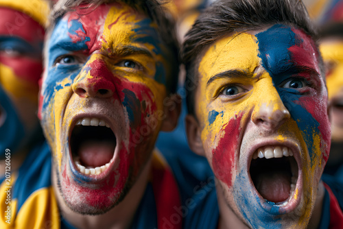 Two men with painted faces cheering.