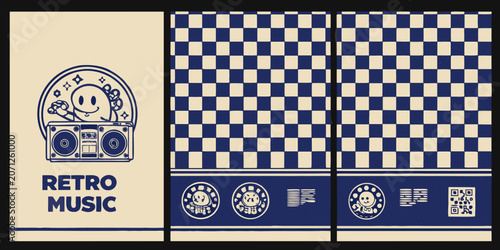 Obraz na plátně Retro Music Posters A Triptych Of Checkerboard And Boombox Vector Illustrations