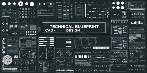 Technical blueprint cad design elements a collection of vector illustrations on a dark background drawing